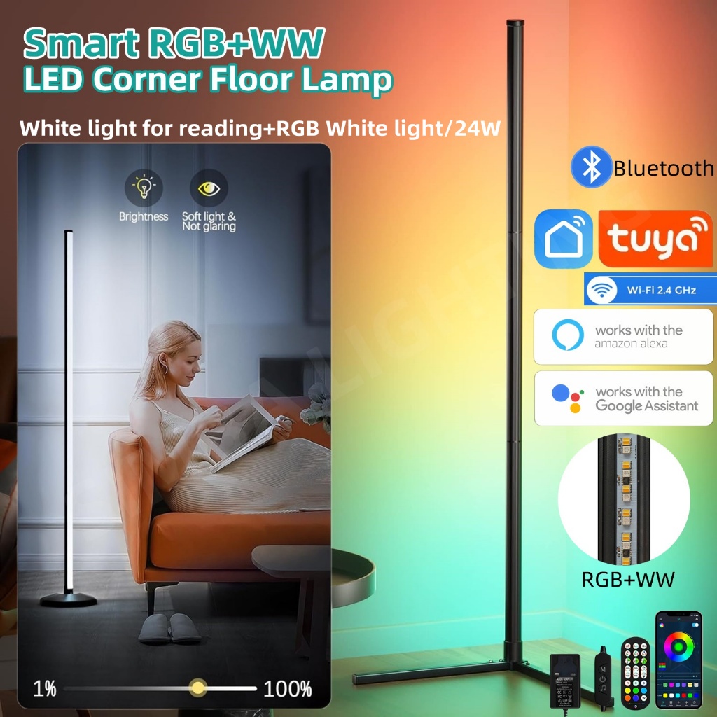 Smart RGB LED Corner Floor Lamp 65 inch/165cm White Light CCT Lighting+RGB Color Changing with Music Sync Modern Standing Mood Lighting Remote & App Control, Creative DIY Mode Timing for Living Room Lampu raya
