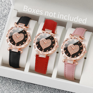 Women 3Pcs Heart Dial Quartz Watch Fashionable Ladies Watches Leather Strap Wristwatch Without Box Jam Tangan Wanita
