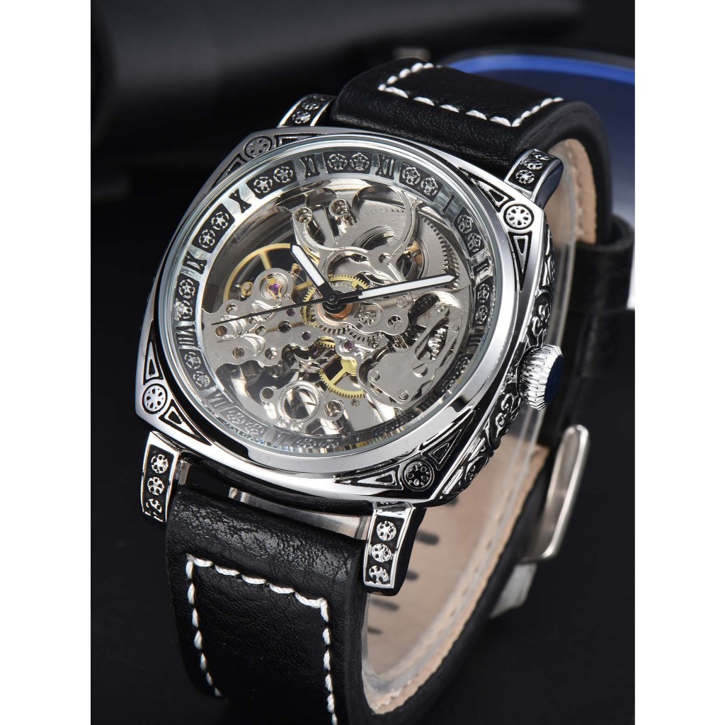 LONGLUX men automatic watch leather mechanical retro skeleton original waterproof jam tangan lelaki