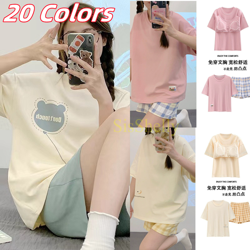 Women 2pcs Bra Pad Pajamas Set Summer Short-Sleeved Sleepwear Girls Cute Milk Silk Pyjamas