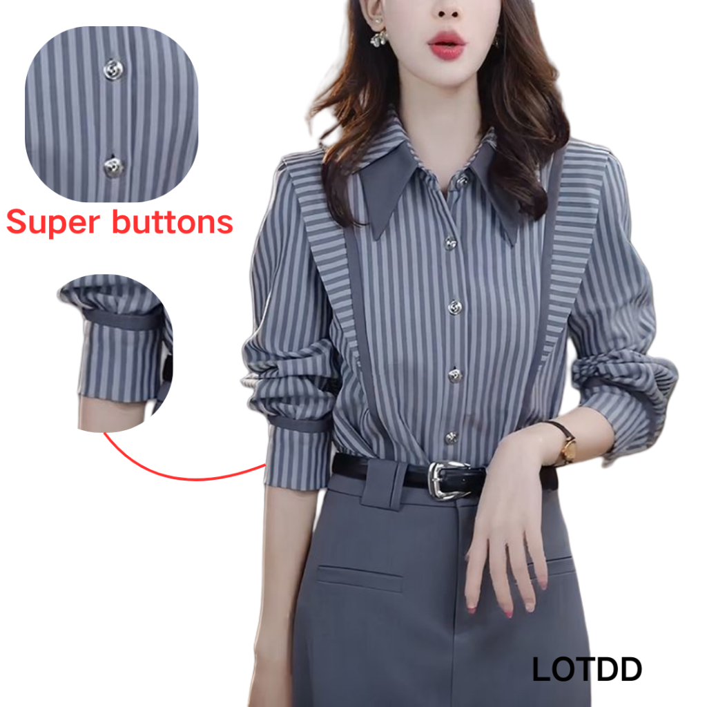 LOTDD [ready stock in Malaysia] Women Stripe Shirt Women Blouse women baju perempuan kemeja perempuan Long Sleeve New Younger Fashion Temperament Leisure Slimming Sense of Design Top