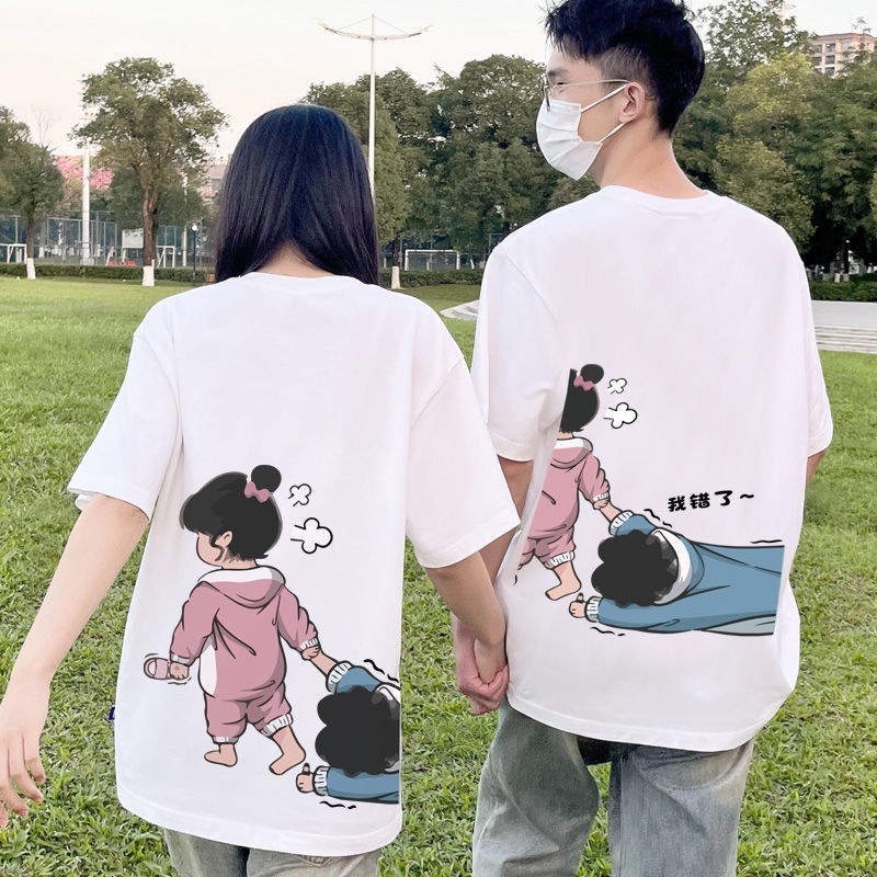 100%Cartoon Character Printed Couple t-Shirt Spring Summer Couple t Couple Wear Couple Wear Cute Half-Sleeved Top Loose Stu