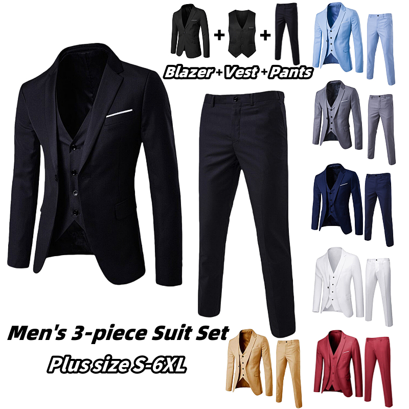 3 Piece Suit Men Blazer Lelaki Set Baju Tuxedo Slim Fit Blazer Man Formal Business Wedding Korean Office Coat Kot Plus Size