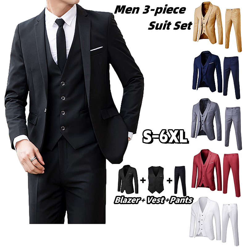 Plus Size Men 3 Piece Suit Set Blazer Lelaki Set Baju Tuxedo Slim Fit Man Formal Business Wedding Korean Office Coat Kot