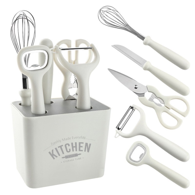 6PCS kitchen gadgets 3cr13 Stainless Steel Kitchen Gadget 6-Piece Set Kitchen Scissors Fruit Peeler Melon Planer Bottle Opener Melon Fruit Peeler Kitchen Six-Piece Set Kitchen Small Sundries with Storage Box Color Box Packaging