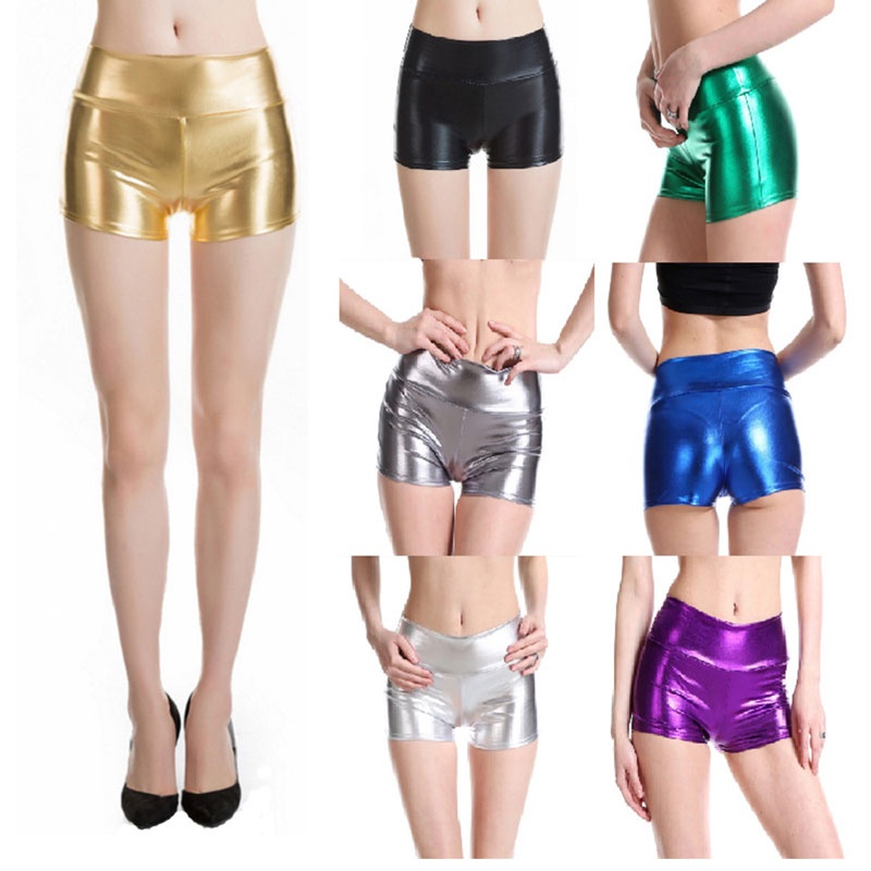 Women'S PU Leather Mid Waist Sexy Short Pants Shiny Elastic Slim Shorts Nightclub Sexy Cheer Hot Shorts Dance Club Wear Shorts