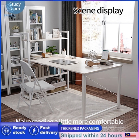 【Ready stock】Modern Computer Desk  with shelf Office Deck Study Deck Writing Desk Office Table With Book Shelf 4 Tiers Sekolah meja/meja belajar
