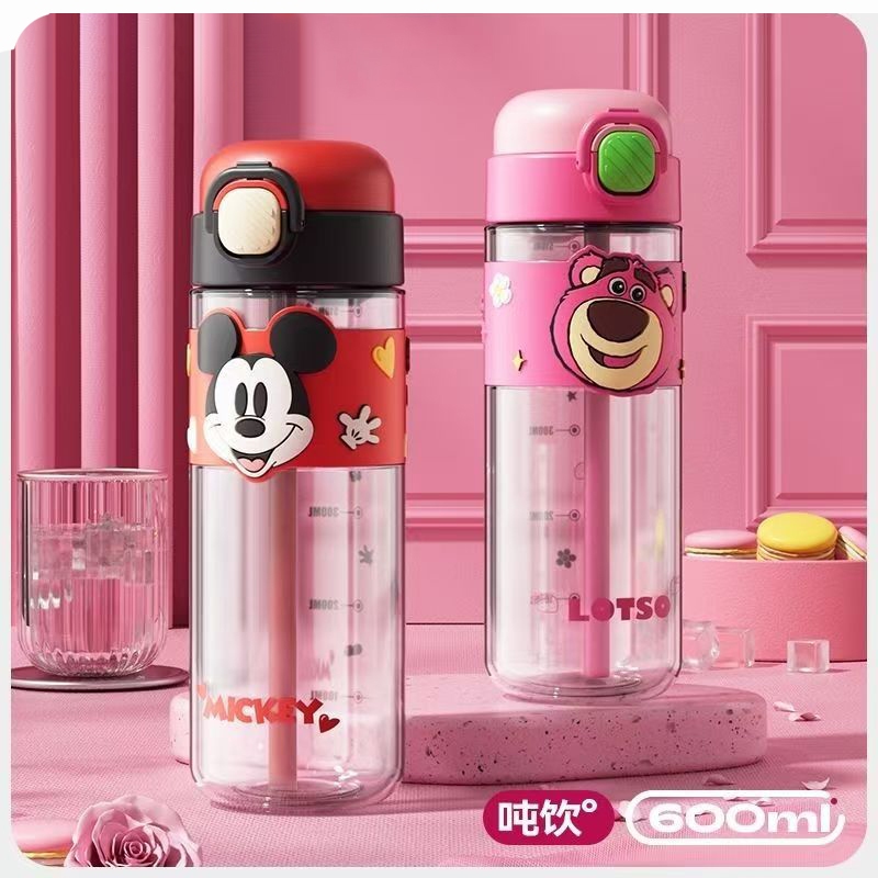 600ML Cartoon Strawberry Bear Mickey Children's Tritan Water Bottle with Straw Portable Drinking Plastic Bottle With Strap for Kids Girl Children's Sports School Travel Botol