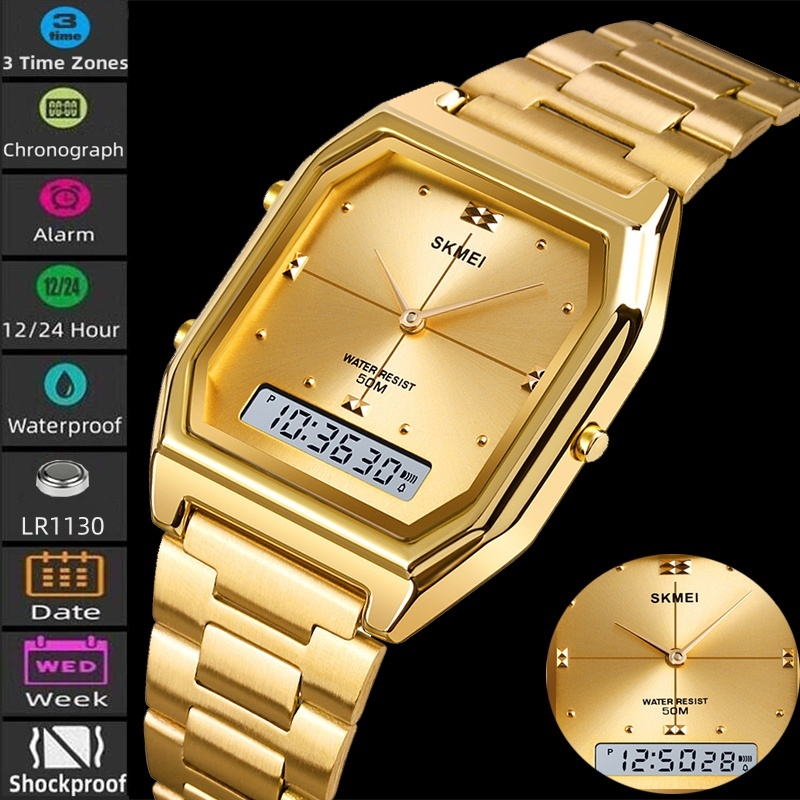 Skmei Top Brand Three Time Zones Luxury Quartz Watches Unisex Steel Strap 50M Waterproof 12/24 Hour Digital Chronograph Wristwatch