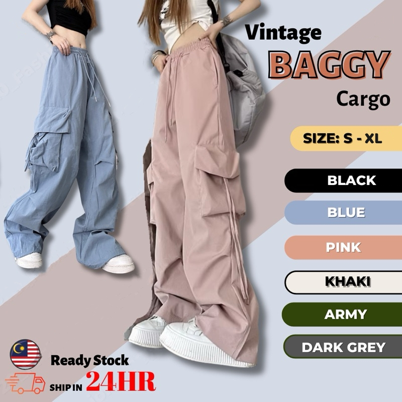 ✅Ready Stock?? Korean Atyle Kasual Seluar Kargo Perempuan Casual Women Cargo Pants Women wide leg cargo baggy loose (Multi colored)