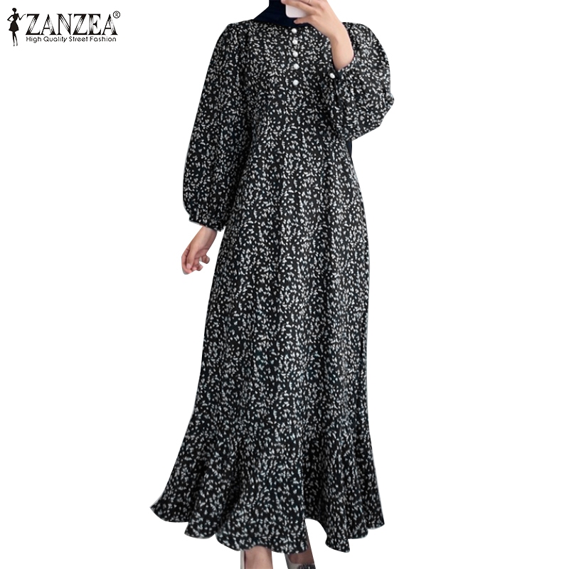 ZANZEA Women Casual Muslim Abaya Kaftan Full Sleeve O-Neck Front Buttons Back Zipper Slim Waist Floral Long Dress