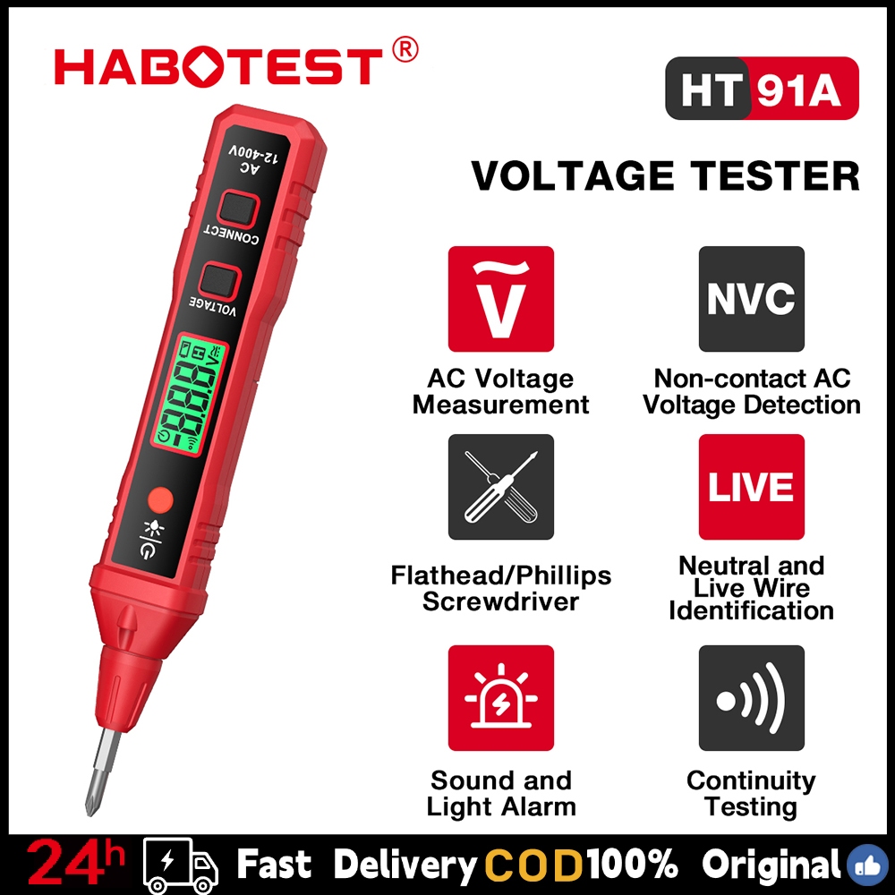 1 Year Warranty👍HABOTEST HT91A AC Voltage Detector NCV 12~400V Pen Type Voltage Tester For Live/Null Wire With Flashlight LCD Display Breakpoint Finder Date Hold