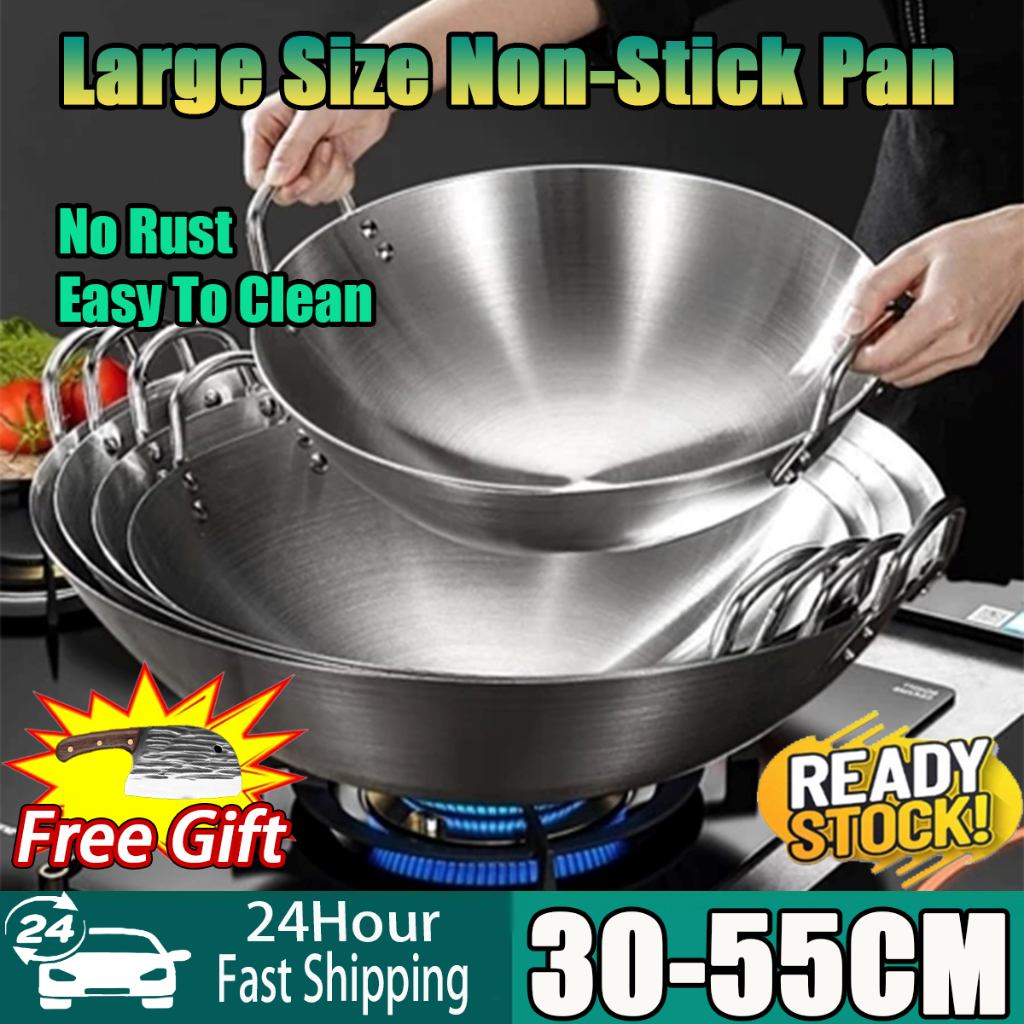 【Buy 1 Free Knife】30-55CM Large Size Stainless Steel Double Ears Non-stick Wok High Quality Double Handle Household Kitchen Frying Pan for Home & Restaurant Cooking