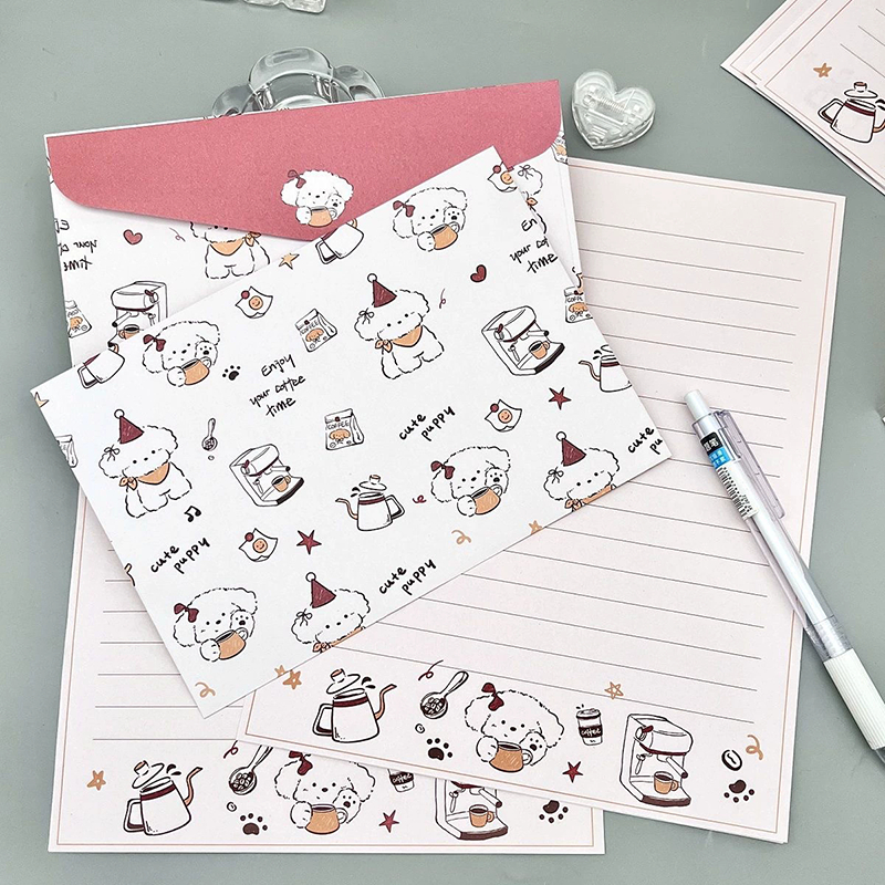 8pcs/set Coffee Cat Envelopes with Letter Pads DIY Love Letter Writing Gifts Wrap Holiday Wedding Invitation Cards Postcards Blessing Greeting Cards Cover