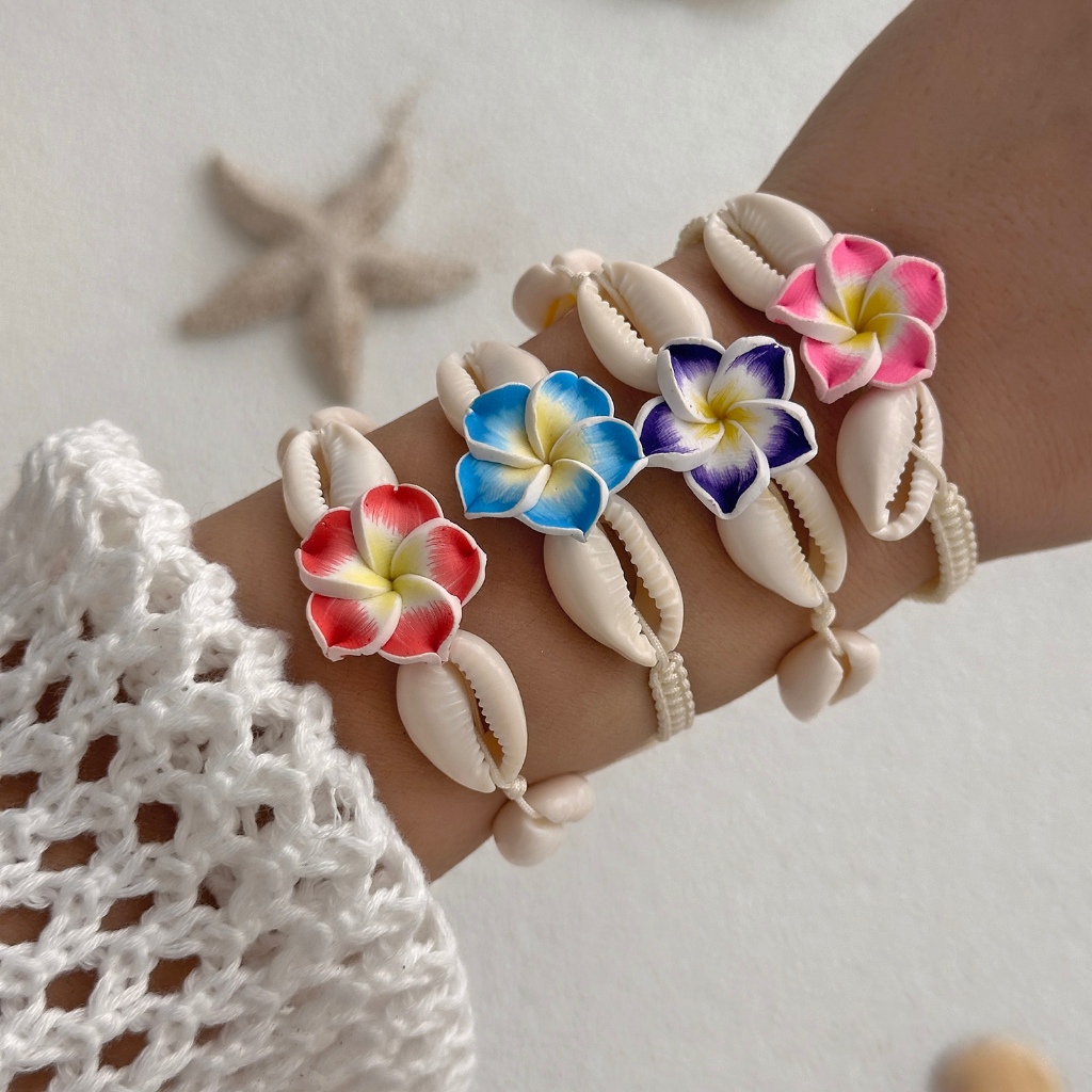 Fashion Handmade Boho Soft Ceramic Flower Shell Braided Bracelet Beach Jewelry Holiday Gift For Women