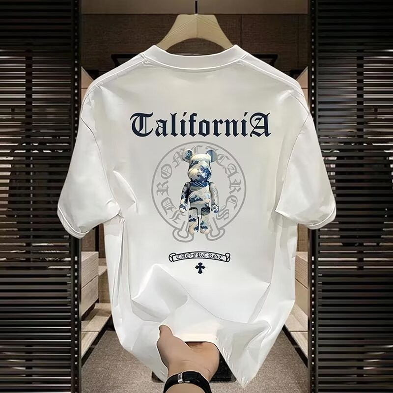 S-2XL Casual American Style Fashion Round Neck Short Sleeve Tee Loose Cotton T Shirt for Men Teddy Bear Pattern Print Casual Black_White Couple Shirt