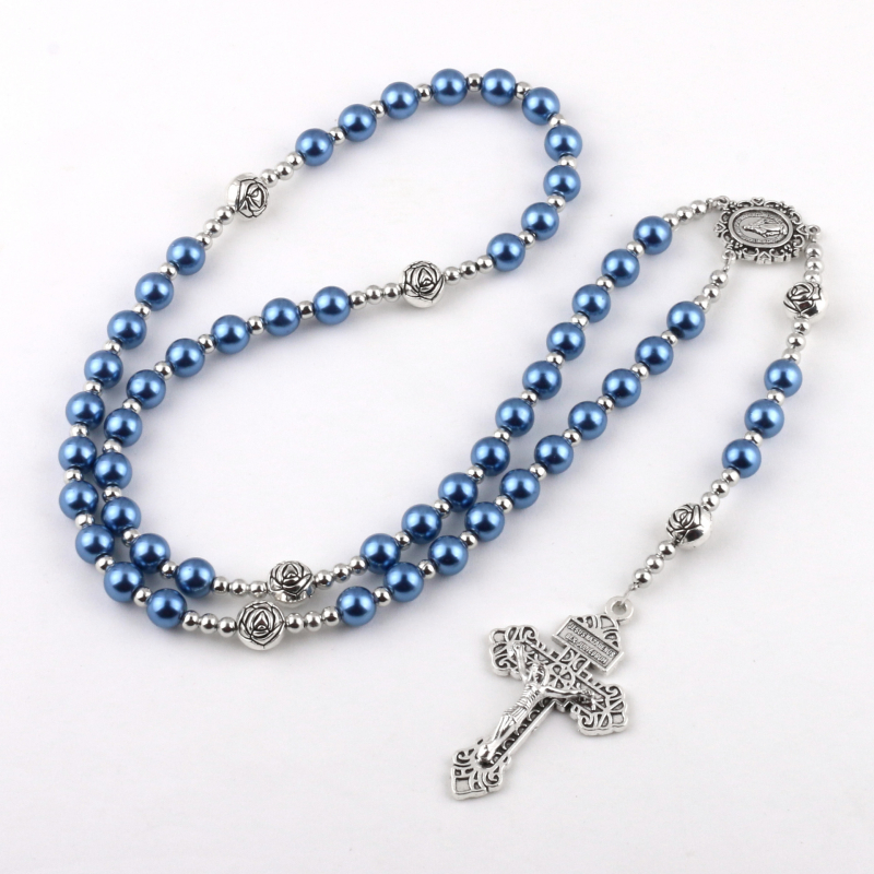 Imitation Pearl Rosary Necklace - 6 Colors (White/Pink/Purple/Black/Royal Blue/Lake Blue) Catholic Cross Pendant for Men & Women, Prayer Jewelry Gift
