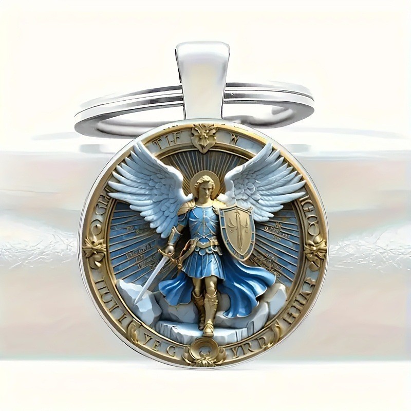 St. Michael Archangel Keychain - Alloy & Glass Defender Key Ring for Men, Spiritual Protection Fashion Gift