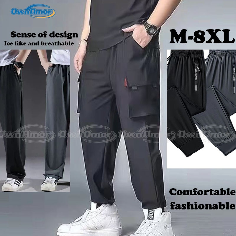 【M-8XL】Plus Size Men's Sports Pants Quick Drying Multi-pocket Ice Shreds Thin Elastic Casual Pant