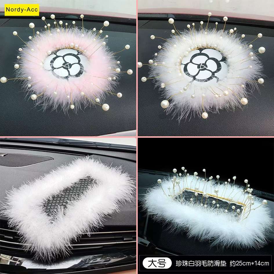 【Stock Ready】Royal Style Car Dashboard Mat Non Slip Camellia Flower Design With Crown Pearl Feather Decor Luxury Anti Skid Pad For Phone Keys