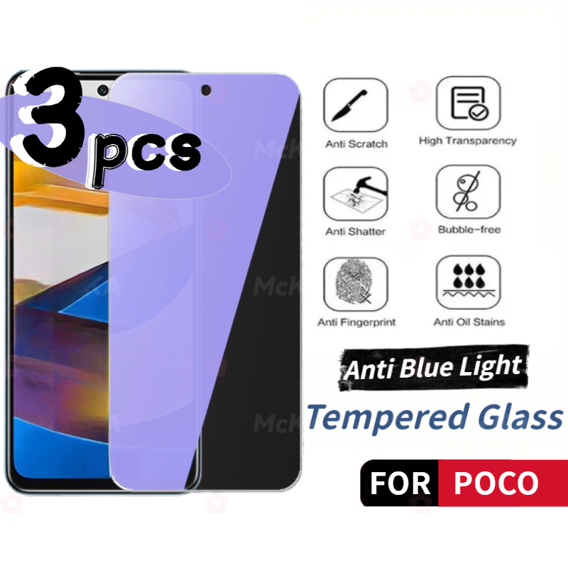 1/3PCS 9H Anti-Blue Light Tempered Film FOR POCO C65 F6 F5 X6 M6 M5 M5s F4 F3 X4 GT C40 GT NEO Pro 4G 5G Eye Protection Screen Protection Film Eye Protection Filter Full Screen Anti Blue Light Tempered Glass Sticker