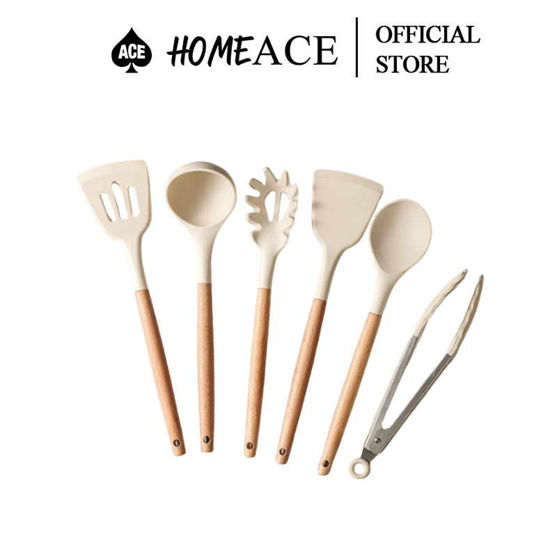 HomeAce 6pcs Wooden Handle Slotted White Color Non-Stick Food Grade Silicone Kitchen Utensils