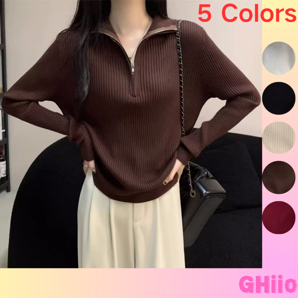 GHIIO [ready stock in Malaysia] Knit Sweater Loose Sleeve Zipper Basic Korean Fashion Women Ladies Versatile Plain Color Long Sleeve Collar Knitwear Blouse baju