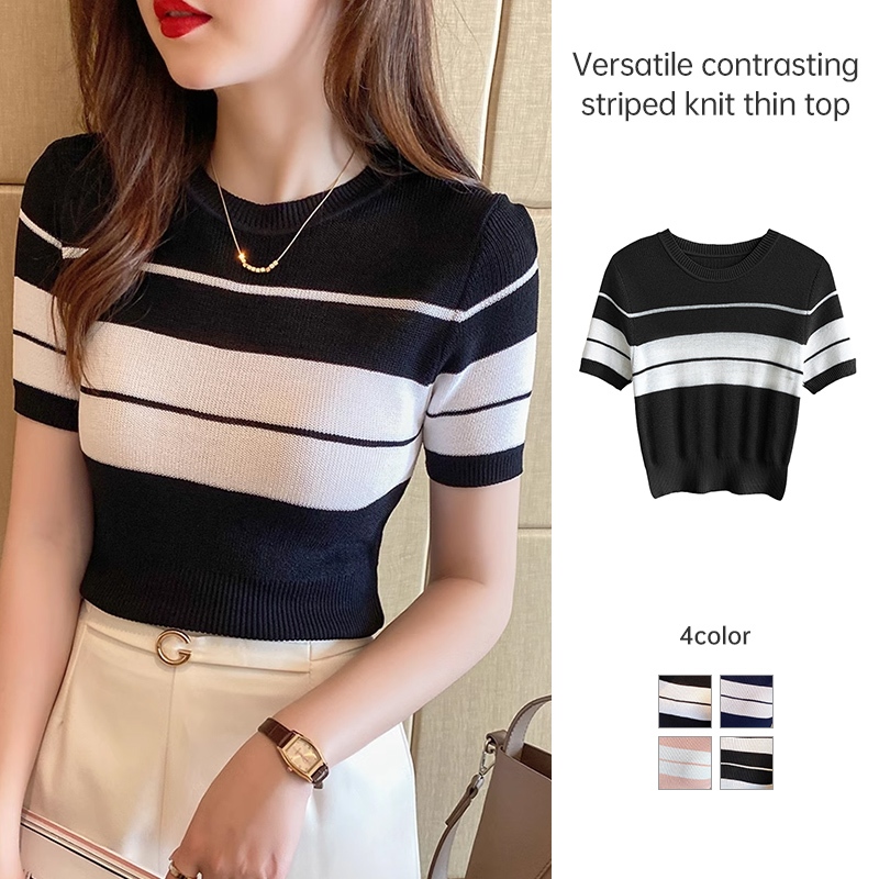 【Malaysia stock】 Women Short Sleeved Knitwear Thin Black White Contrast Color Stripe Summer Versatile Top fine11
