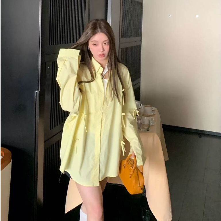 Spring New Gentle Yellow Women's Bow Knot Shirts 250326