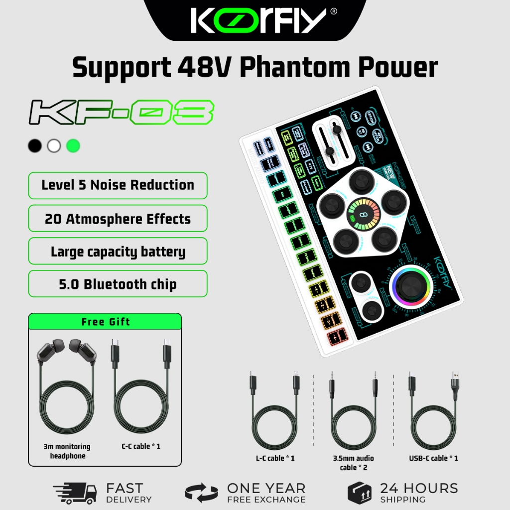KoorFly KF03 Sound Card Audio Mixer Live Sound Card Voice Changer 48V Mixer Condenser Mic Kit Eliminate Raw Songs Custom Sounds And Lights Bluetooth Sound Card Live Recording Live Streaming