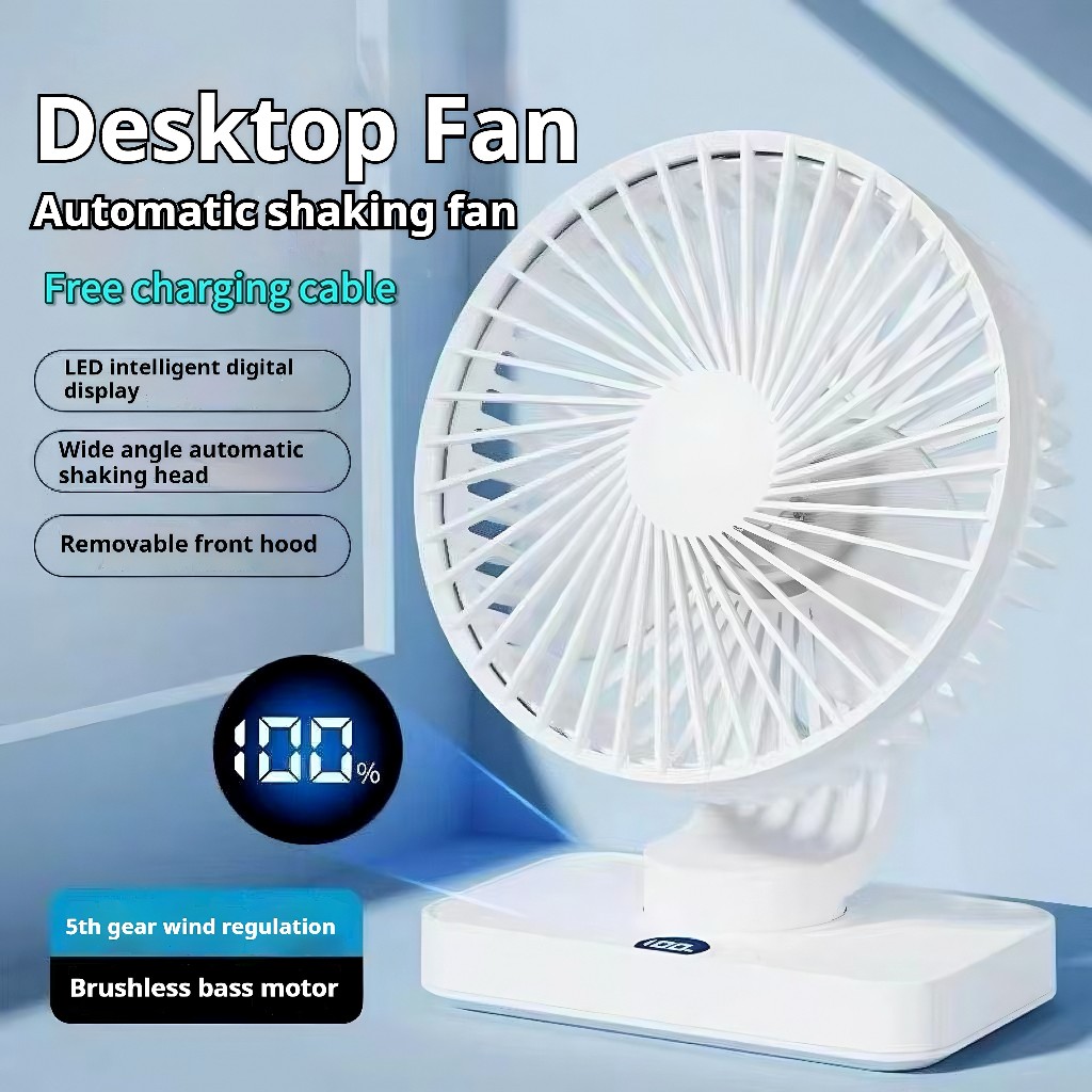 NEW Kipas Automatic Shaking Desktop Fan USB Portable kipas 5-Speed level Wind Display battery Mini Rechargeable Desk Fan for Student Dormitory Office