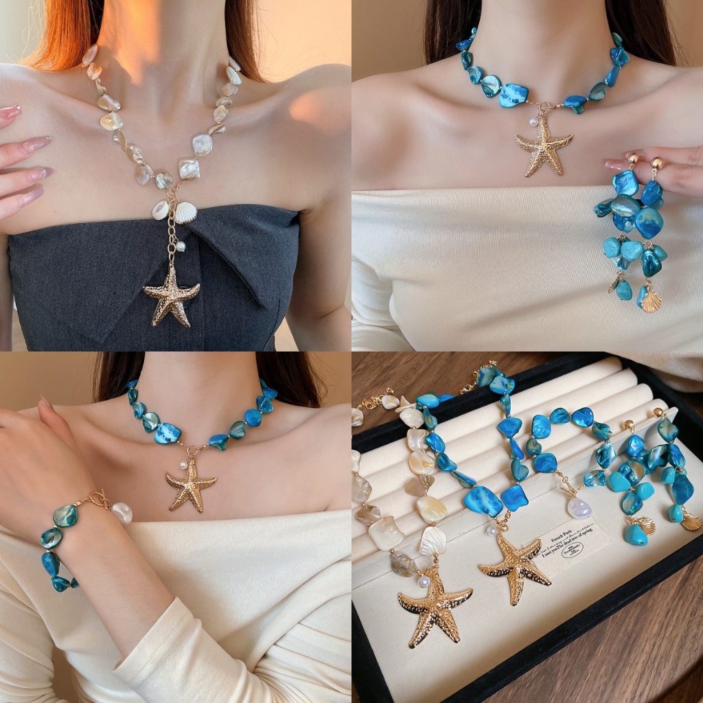 Seashells starfish pearl necklace bracelet earrings New seaside holiday wind chain light luxury high sense of accessories set