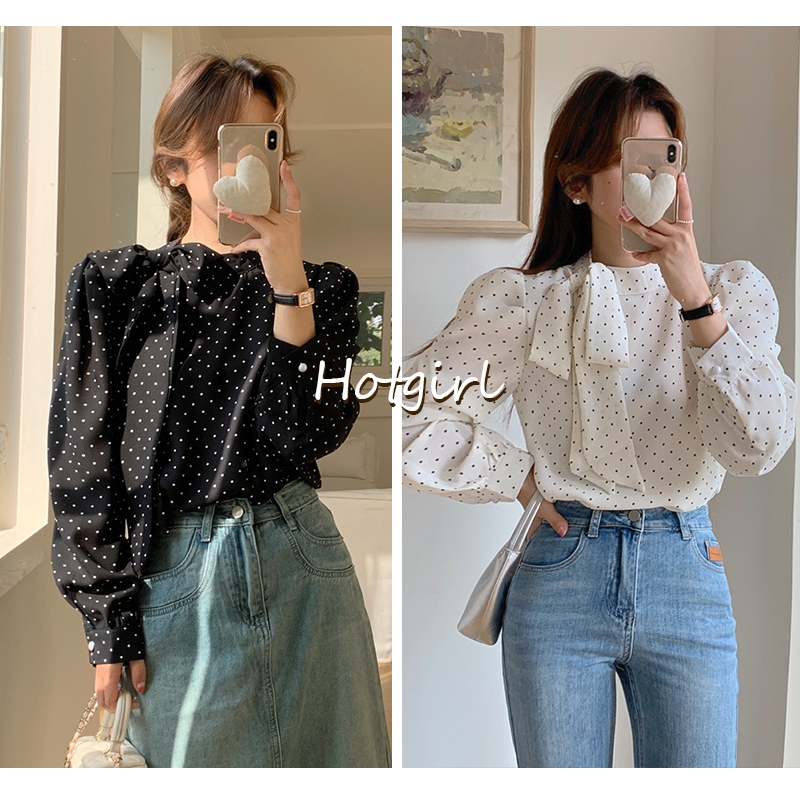 【READY STOCK AT Johor】 Hotgirl⭐Polka dot long sleeve shirt women chiffon top gentle style