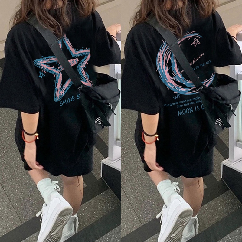 P001885*Cloct Oversized t shirt Woman Baju t shirt Oversize Perempuan Summer Casual Women's Loose Short Sleeved MOON AND STAR Printed Korean Style 衣服女装