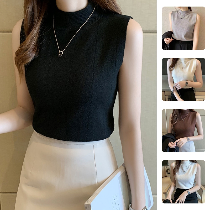 MY STOCK & Amika1  Women Tops Vest Casual Tank Retro Half High Neck Tank Slim Knit Sleeveless Bottoming