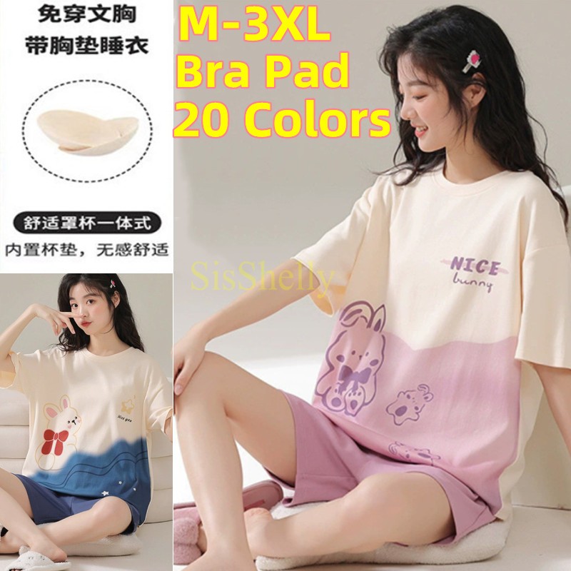 Women Summer Cute Cartoon Printed  Bra Pad Pajamas Short-Sleeved  Sleepwear Loose Homewear