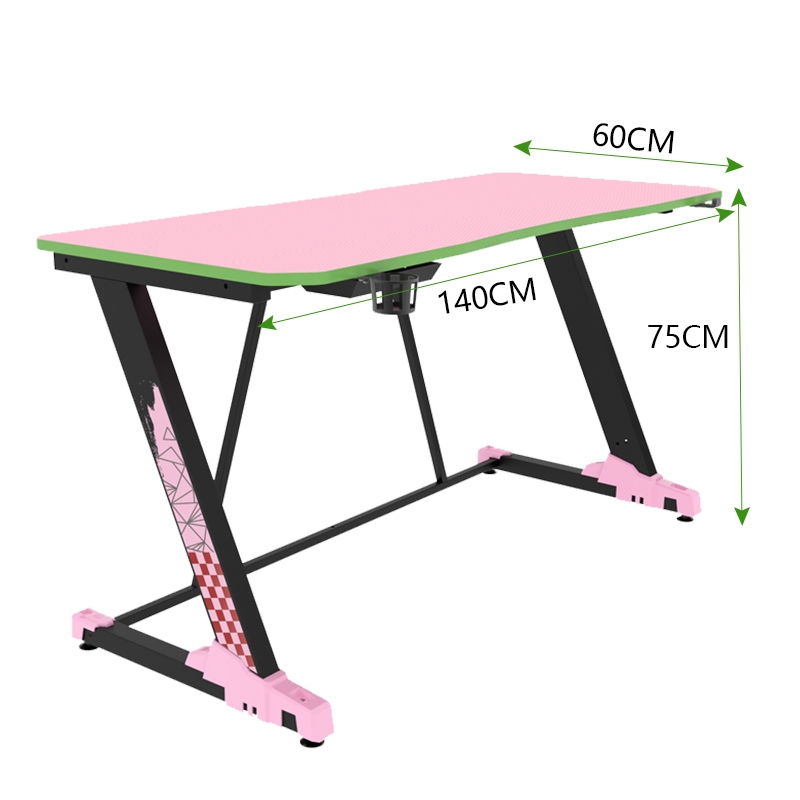 140cm Gaming Desk, Carbon Fiber Surface Z-Shaped PC Computer Table, with Headphone Holder, Cup Holder, Cable Management Box, for Gamer, Pink & Green