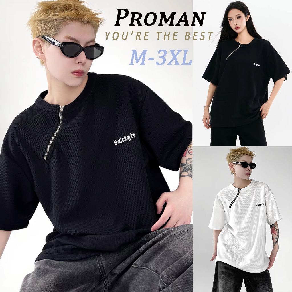 【READY STOCK】ProMan lelaki men Short Sleeve Men's Waffle T-Shirt Diagonal Zipper American Retro Couple Wear Trendy