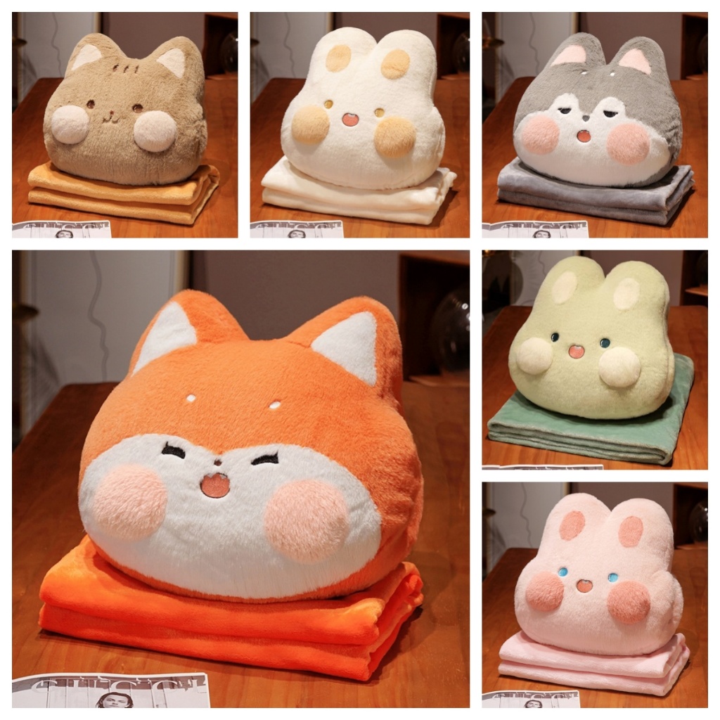 Cute Animal Pillow Blanket 2 in 1 Plush Toy Soft Cushion Cat Husky Rabbit Fox Gift for Kids Home Bantal Selimut Boneka Comel Hadiah