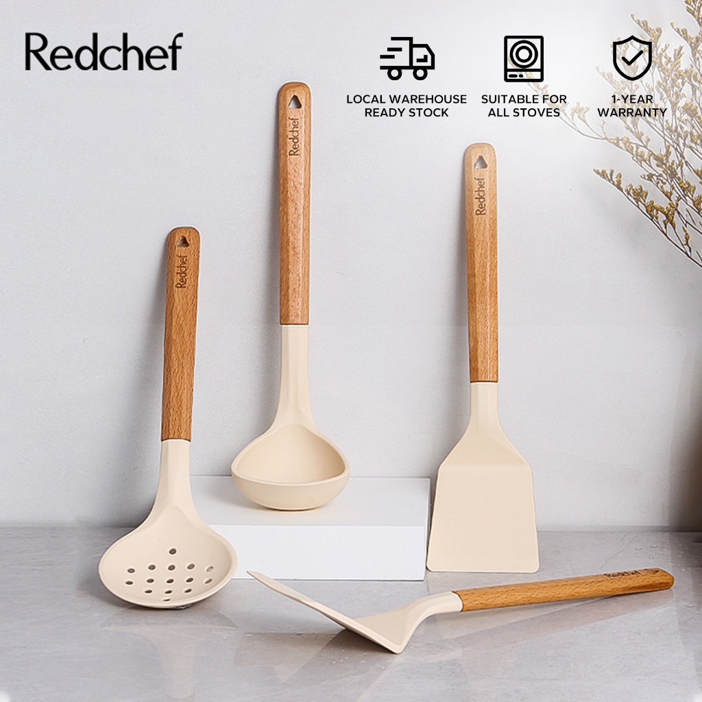Redchef Solid Wood Silicone Utensils Turner/Slotted Turner/Ladle Food Grade Silicone Heat resistant Suitable For Non Stick Cookware