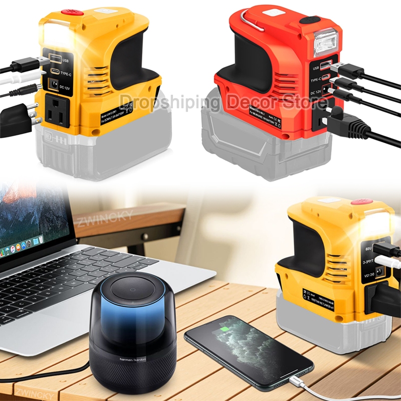 DC 18V To 110V/220V Inverter for Dewalt/Milwaukee 18V 20V Li-ion Battery With USB Type C DC Port LED Light