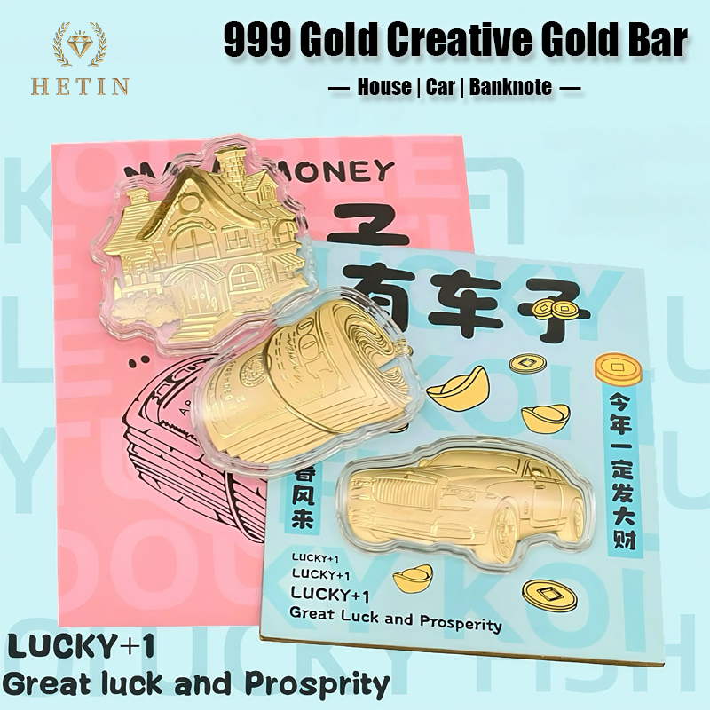 【HETIN】3 Piece Set 999 Pure Gold Creative gold bar（0.3g）Car House Banknote Gold&hellip;