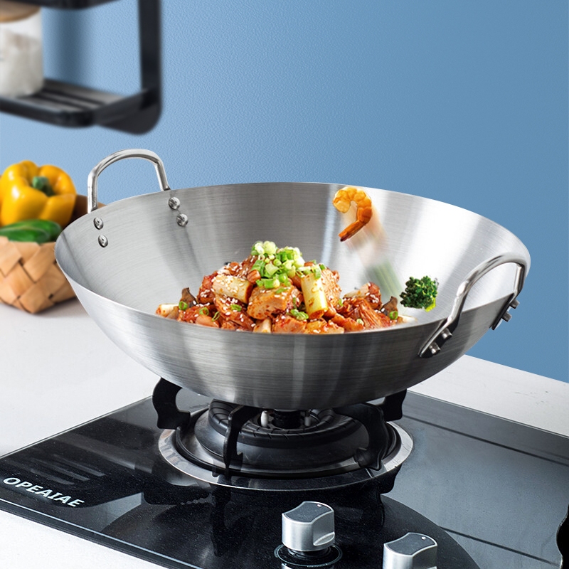 30-55CM Stainless Steel Non-stick Wok High-capacity Double Handle Iron Pot Home kitchen Frying Pan Apply For All Stove
