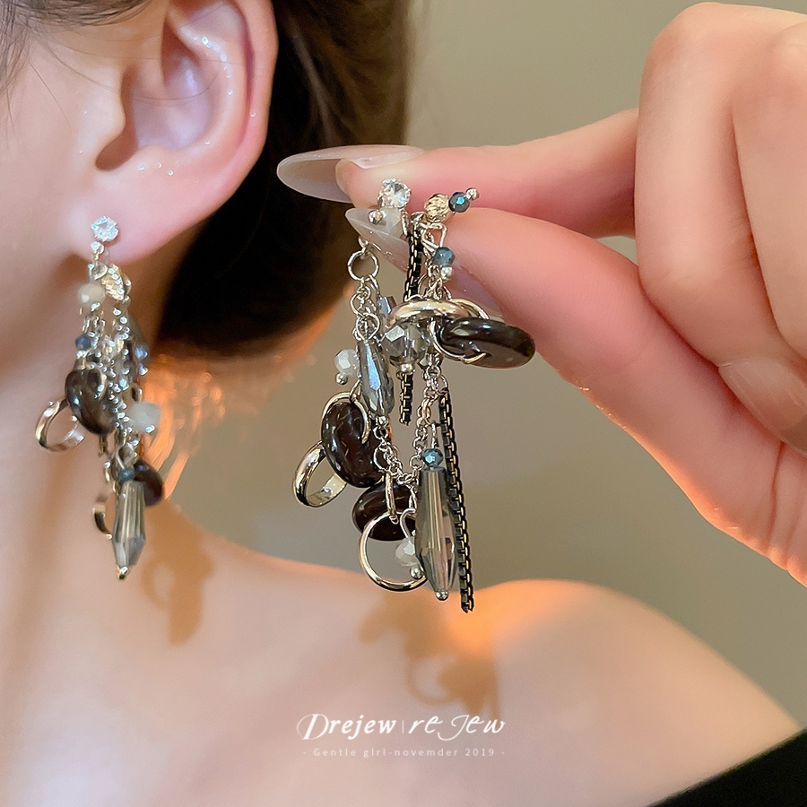 DREJEW 925Silver needle Zircon Coconut shell glass tassel earrings retro fashion versatile earrings light luxury high-end earrings