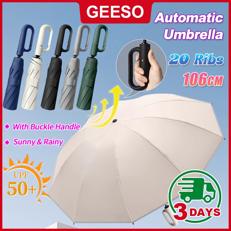 GEESO Dual-Use Sun Rain Automatic Umbrella With Buckle Handle 20 Ribs UPF50+ Windproof Folding Umbrella Large 106cm 全自动挂钩雨伞
