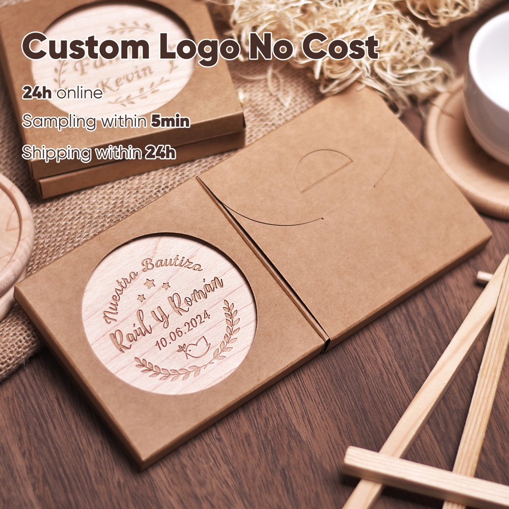 1PCS Free Personalized Solid Walnut Wood Coaster Laser Engraving Logo Round Square Beech Wooden Cup Mat With Packaging For Gift