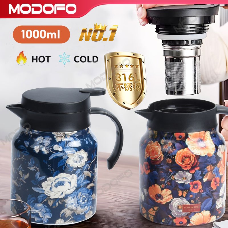 MODOFO 316 Thermos Stainless Steel Teapot Coffee Pot Thermal Insulation Stewed Teapot Jug Air Panas dan Sejuk Portable Household Stuffy Teapot茶壶水壶茶壺