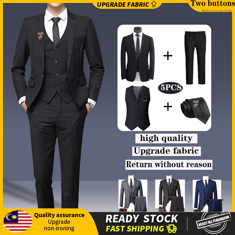 [Local Delivery] three-piece Set Two buttons Men Set Men Business Suit Formal Suits Slim Men Wedding Suit Dark gray suit Black jacket Dance party and dinner party