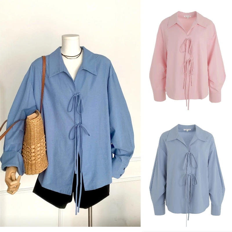 Cherryshop Ready Stock Korean Women Ladies Loose Long Sleeve Shirt Sweet Bow Solid Color Collar Womens Top Blouse Baju Baju Wanita Lengan Panjang Fashion Temperament (Blue/Pink）