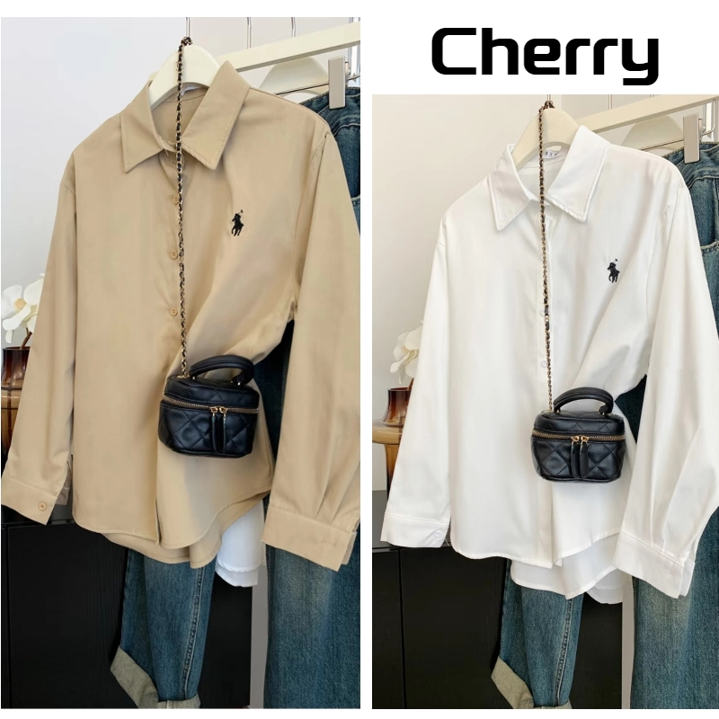 Cherryshop ? Ready Stock ? Korean Style Loose Long Sleeve Shirt Women Embroidery Pattern Oversized Casual Blouse Baju Baju Wanita Lengan Panjang Kemeja (White/Khaki)